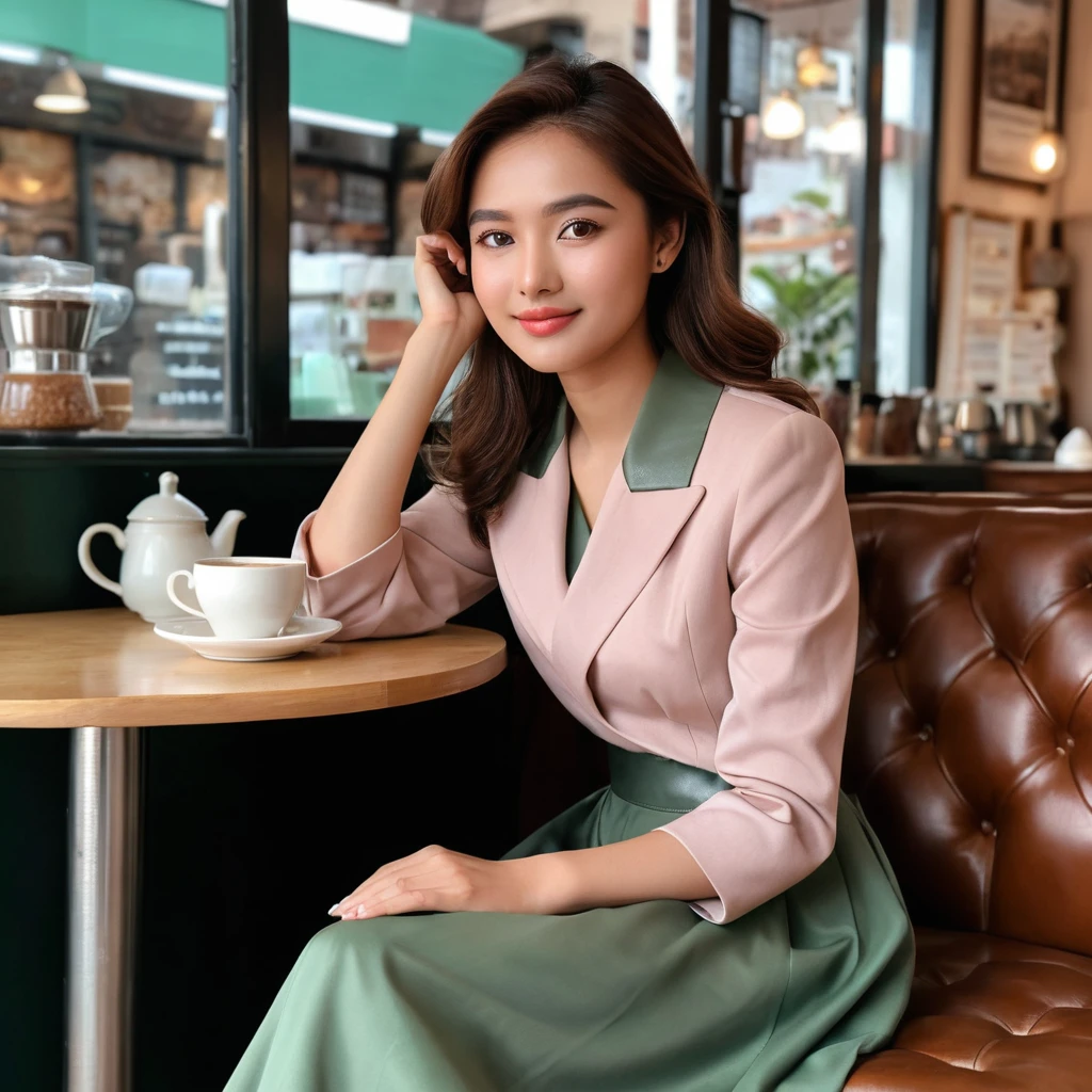 Girl in brown outfit relaxing in a cozy coffee shop