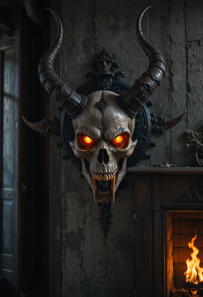 Demonic skull mount glows above a dark firelit wall