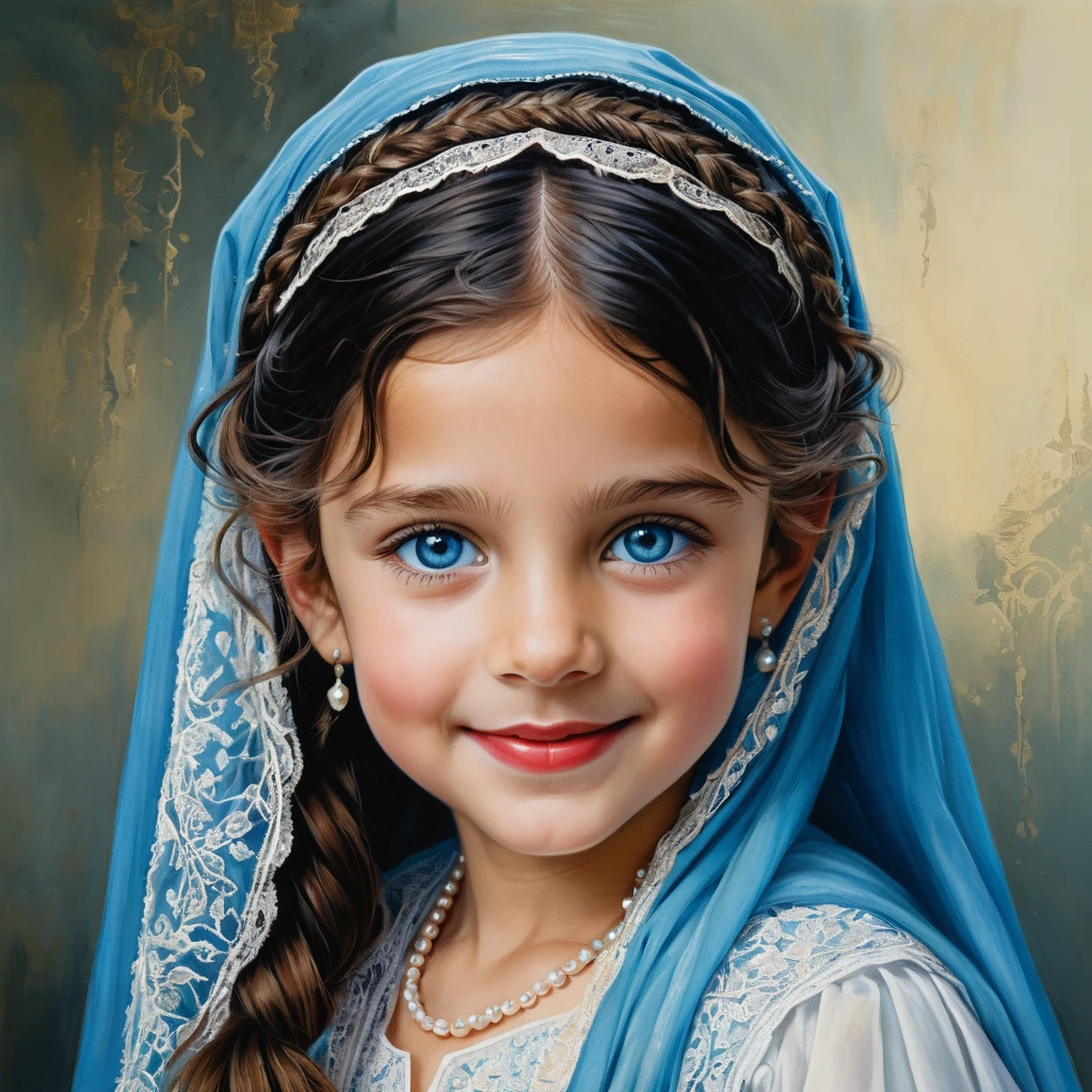 Smiling girl with blue eyes in white lace burqa