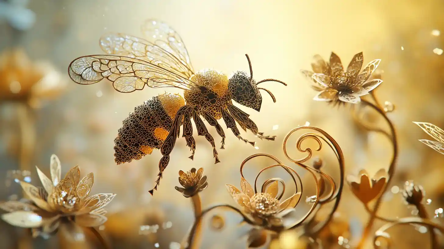 Close up fantasy bee on ornate flowers in warm light