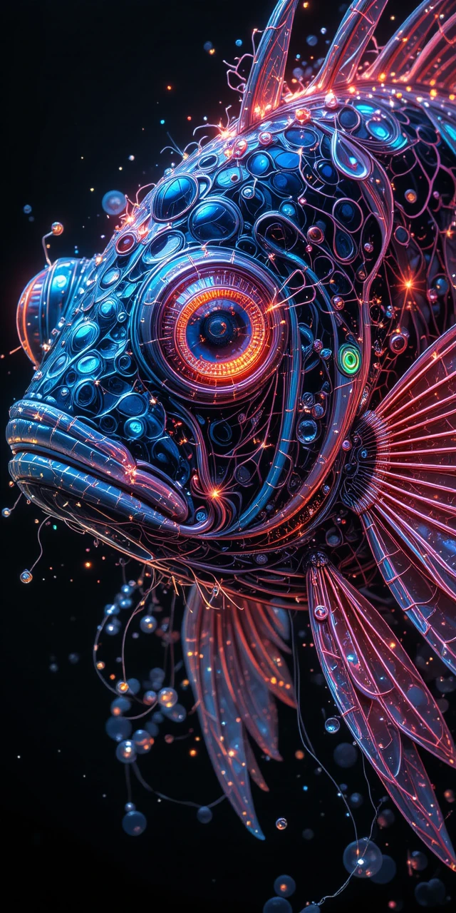 Neon pufferfish close up with glowing ocean reflections
