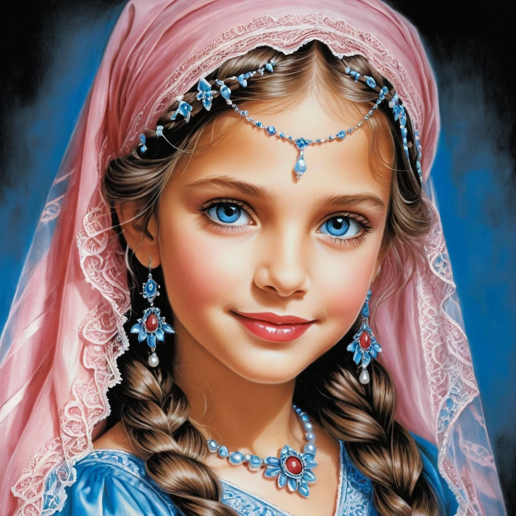 Niña sonriente de ojos azules con burka rosa de encaje en dibujo