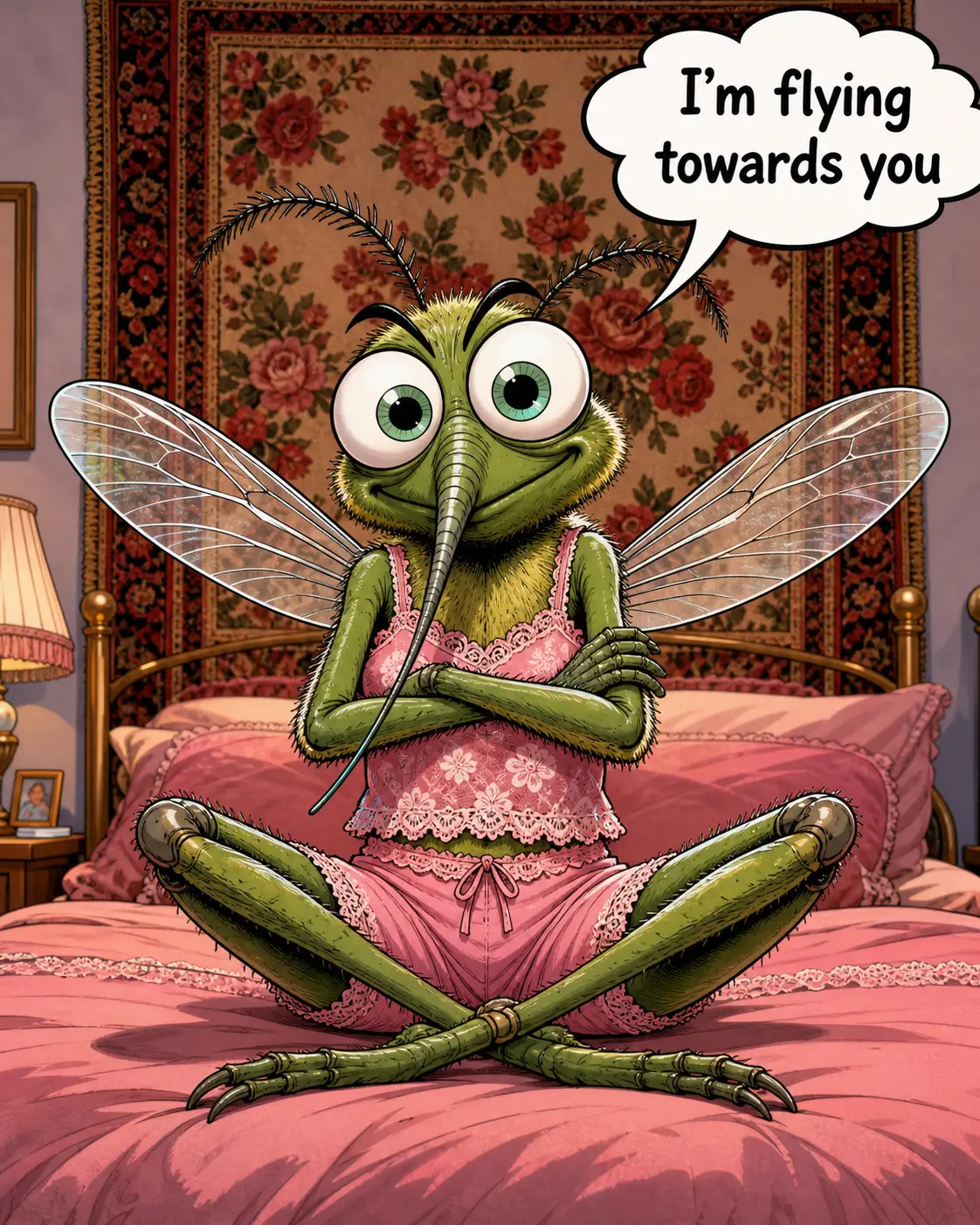 Funny green mosquito meditating on a bed in pink dress