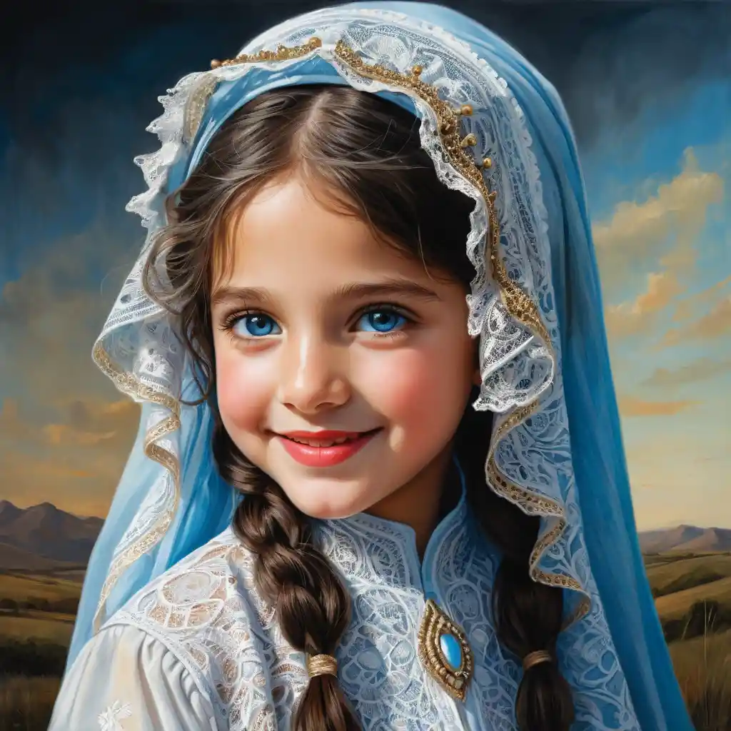 Smiling girl with blue eyes in white lace burqa