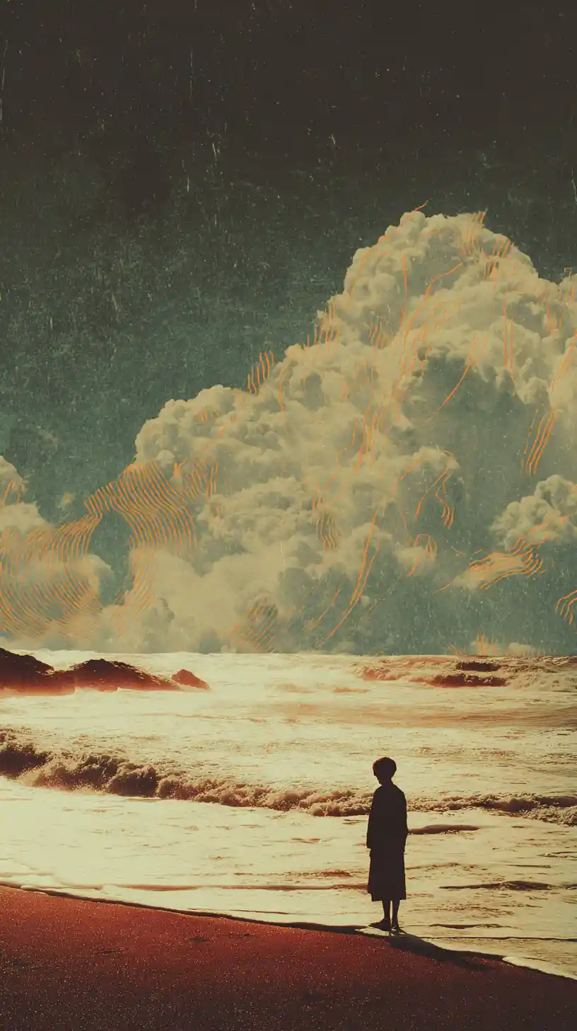 Anxious man in surreal vintage collage of life and hope