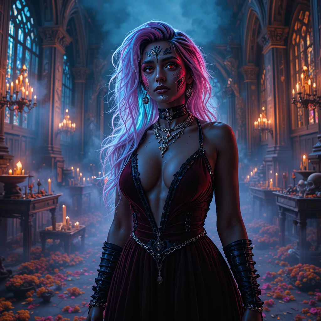 Cinematic sugar skull woman in neon gothic cathedral