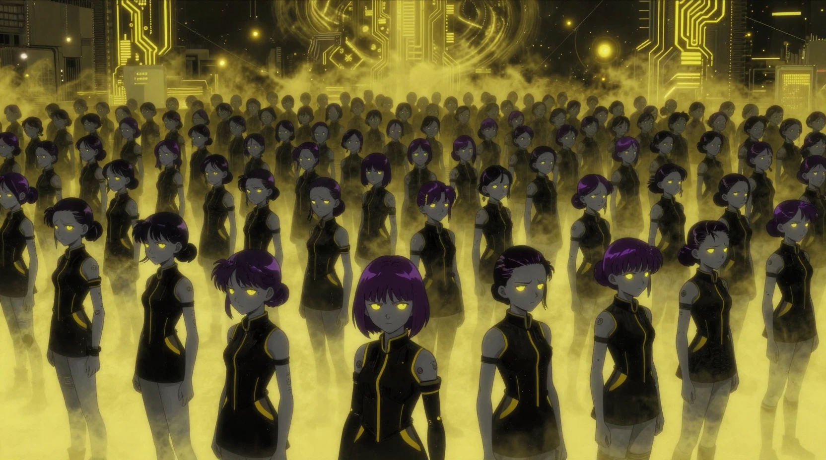 Vast Crowd Of Cybernetic Girls In Neon Sci Fi Park