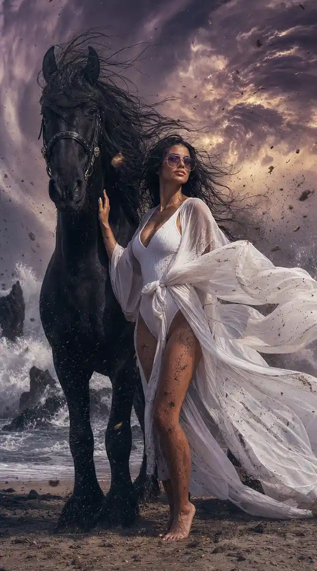 Woman And Black Horse On A Stormy Ocean Beach