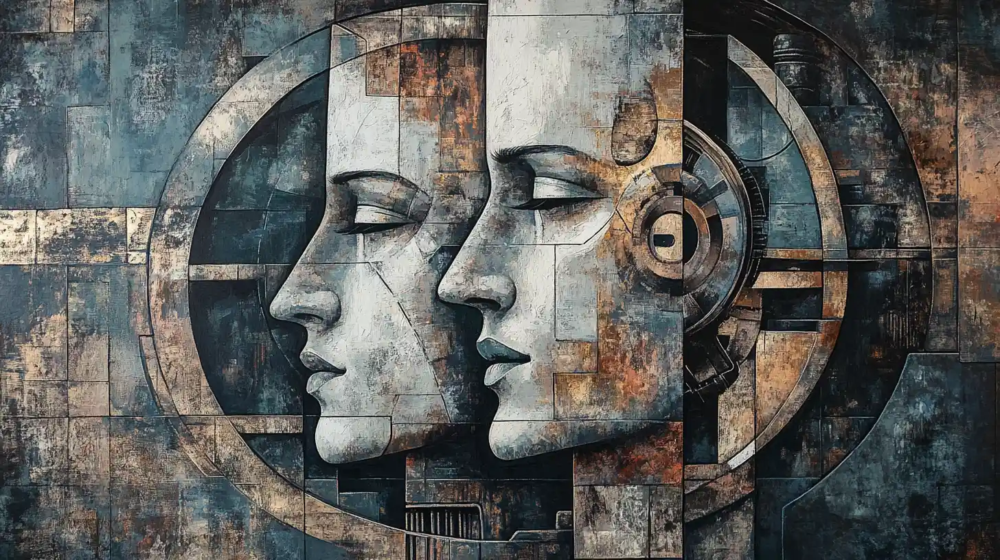 Surreal Cubist Portrait Of Fragmented Mechanical Human Faces