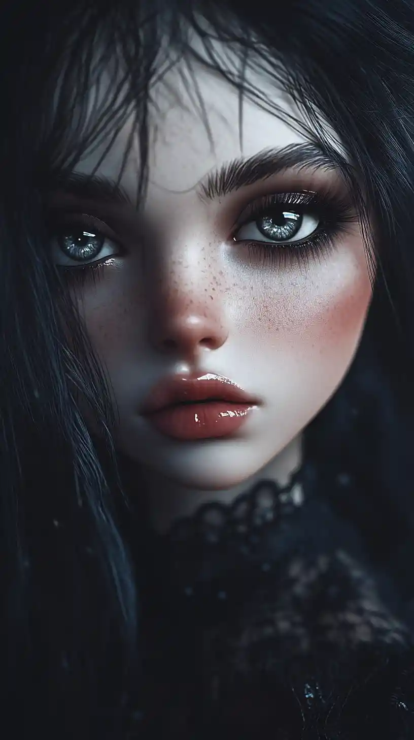 Gothic porcelain doll girl with dramatic glossy eyes