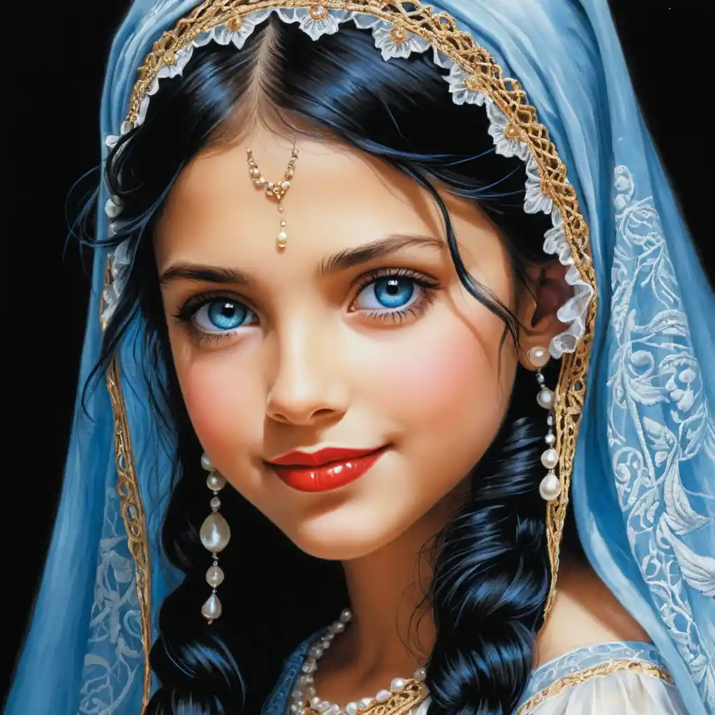 Smiling girl with blue eyes in white lace burqa