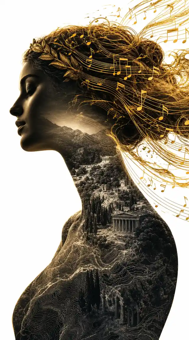 Double exposure portrait of a serene goddess profile
