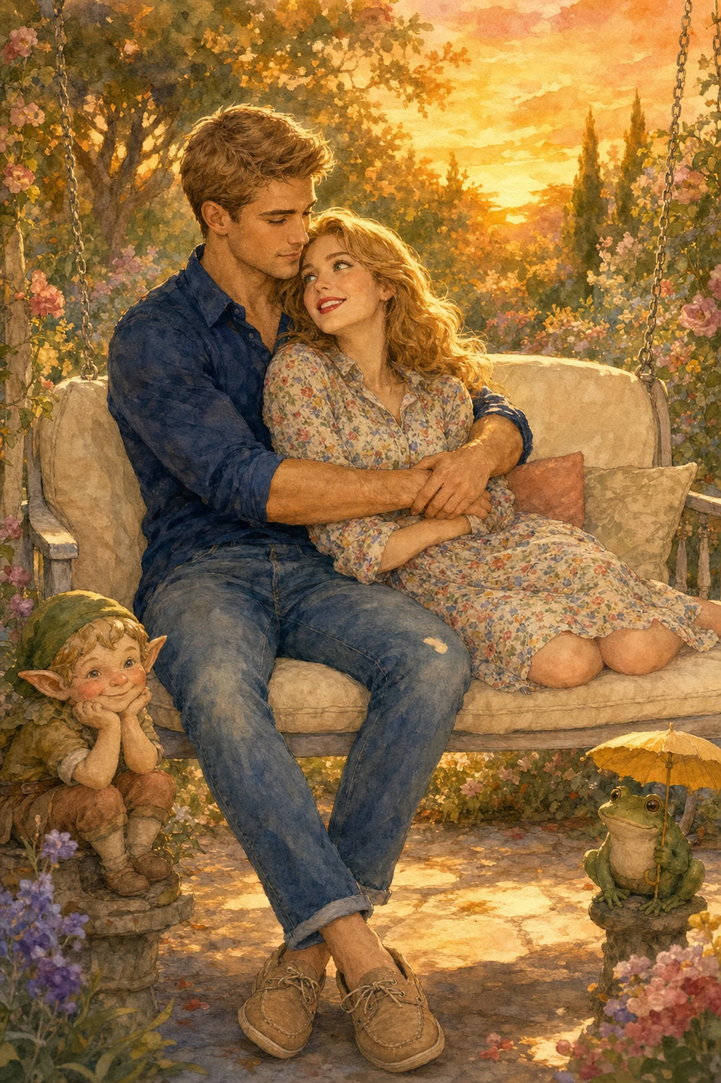 Romantic couple embracing on a garden swing at sunset