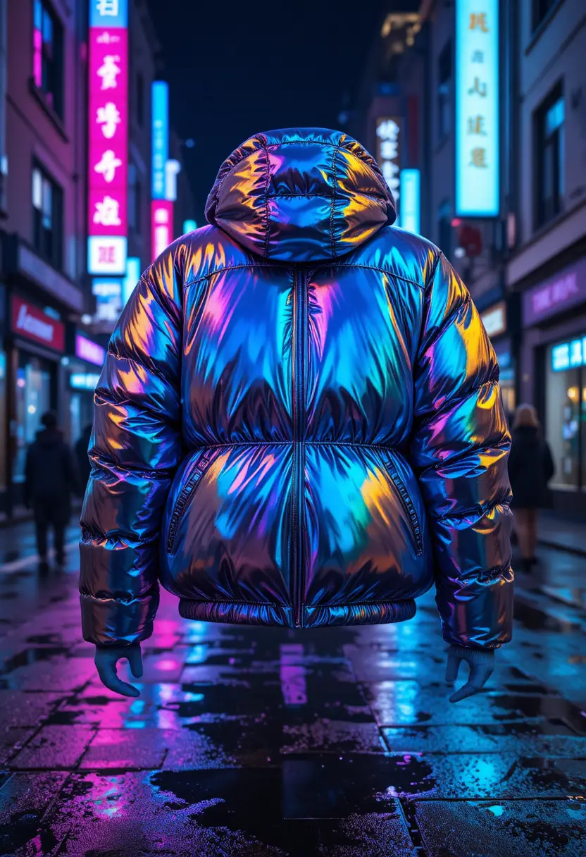 Floating chrome puffer jacket over neon city street at night