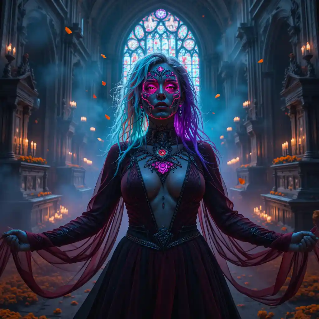 Cyberpunk woman in neon lit gothic cathedral ritual
