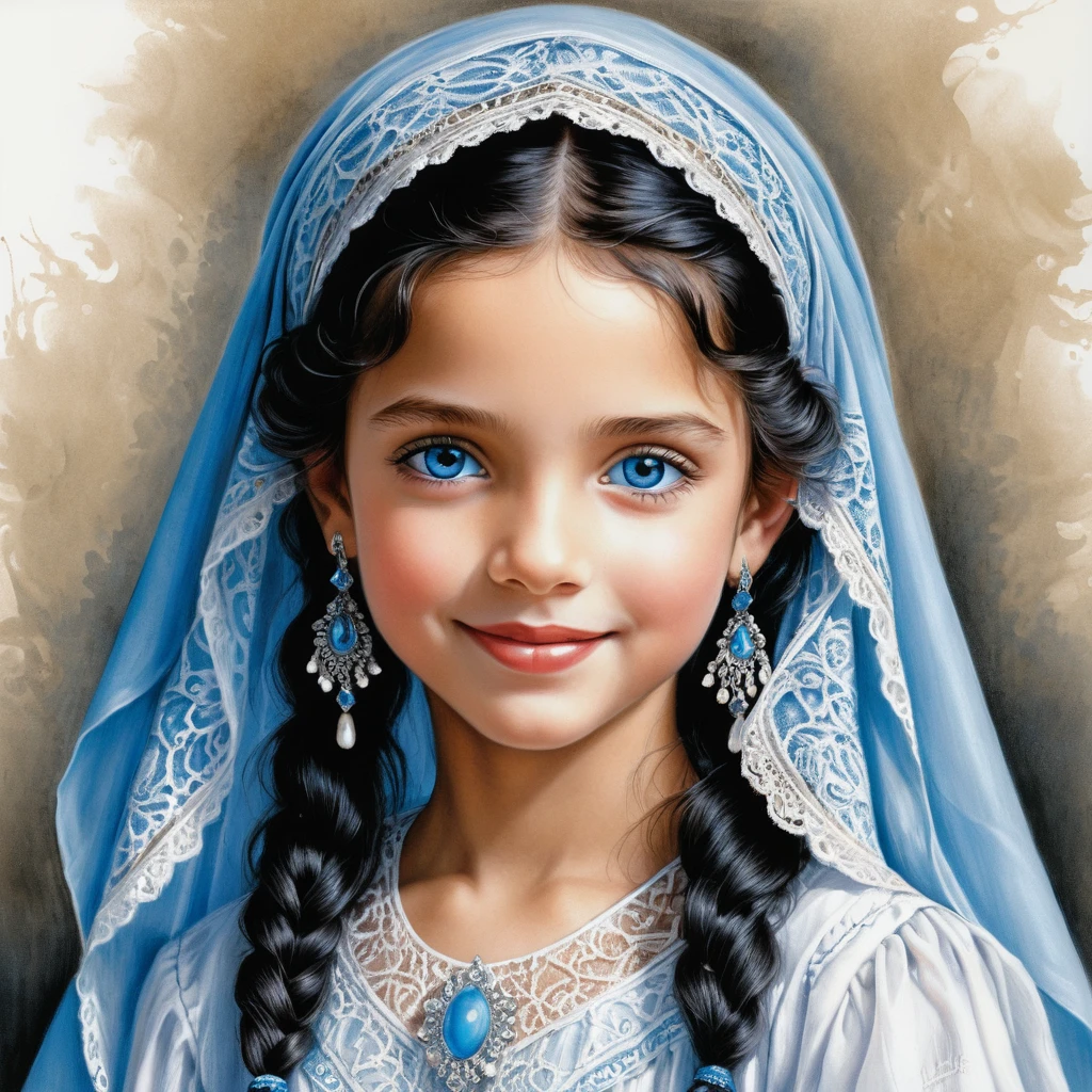 Smiling young girl in white burqa with blue eyes