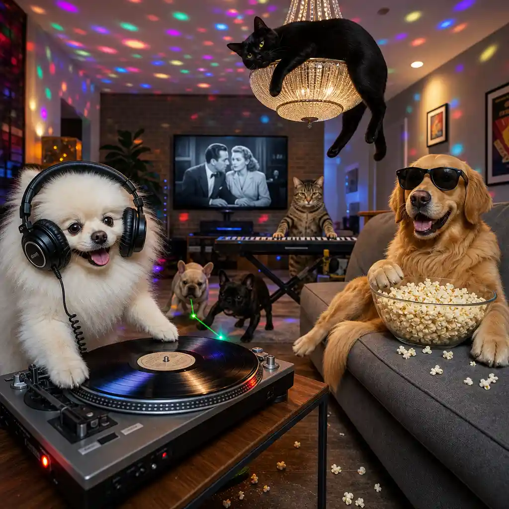 Pomaranian DJ spinning records in a lively living room