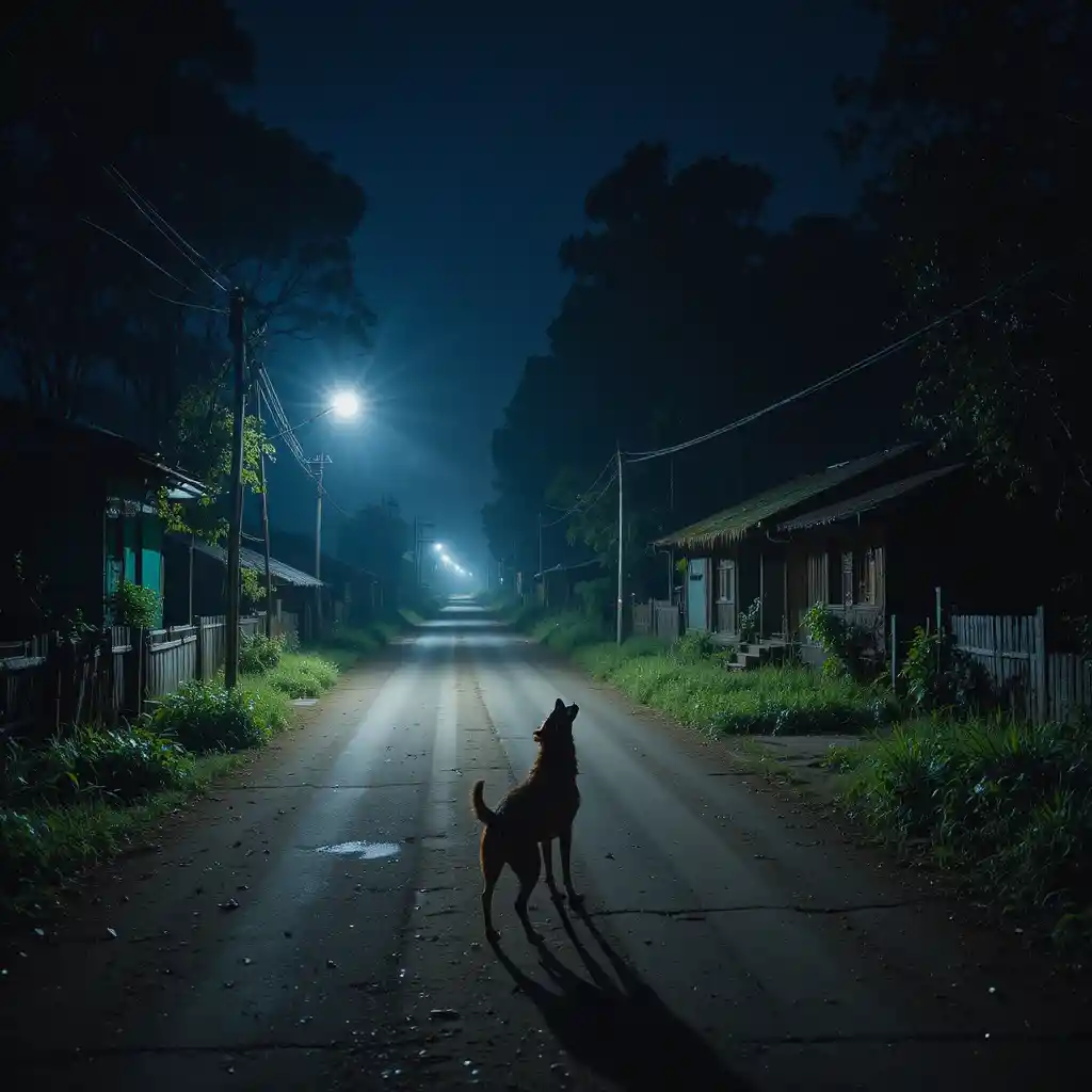 Lonely dog howling on a quiet village road at night