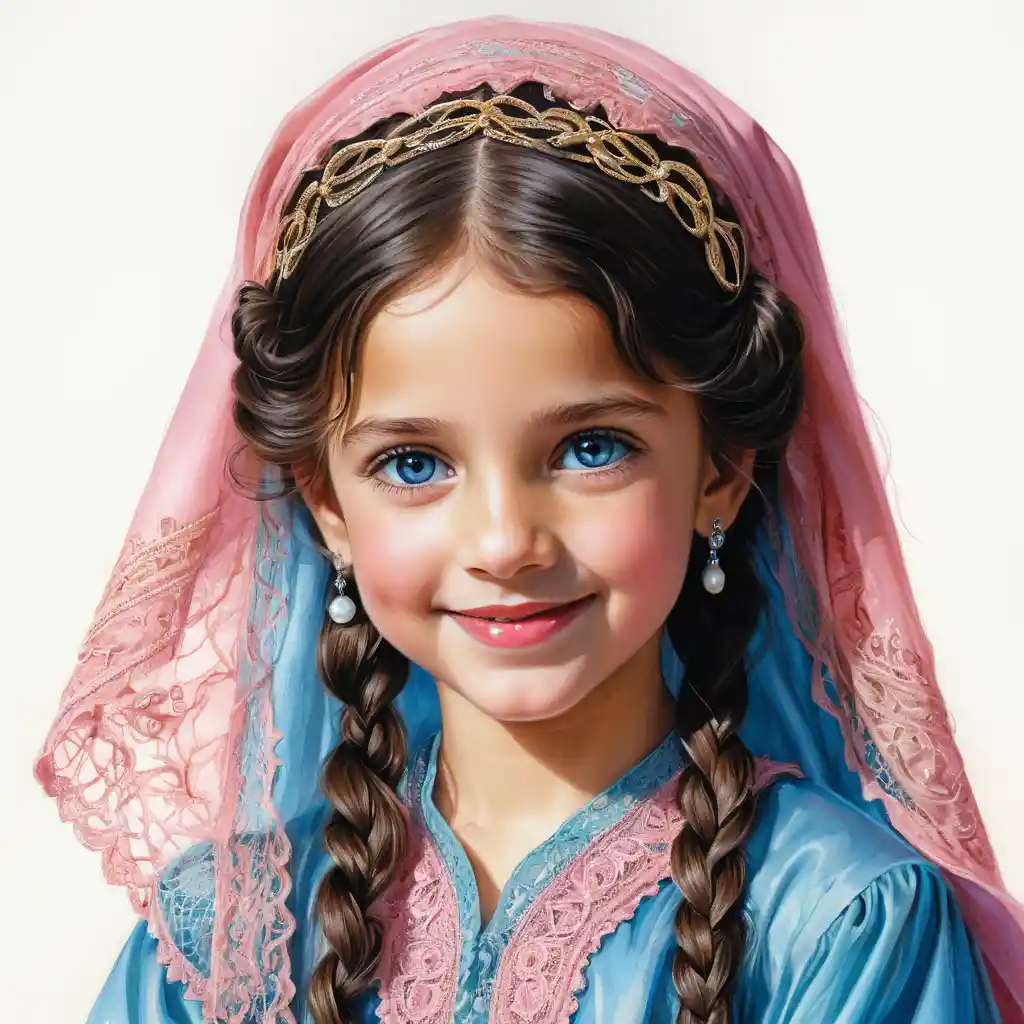 Smiling girl in pink burqa with blue eyes portrait