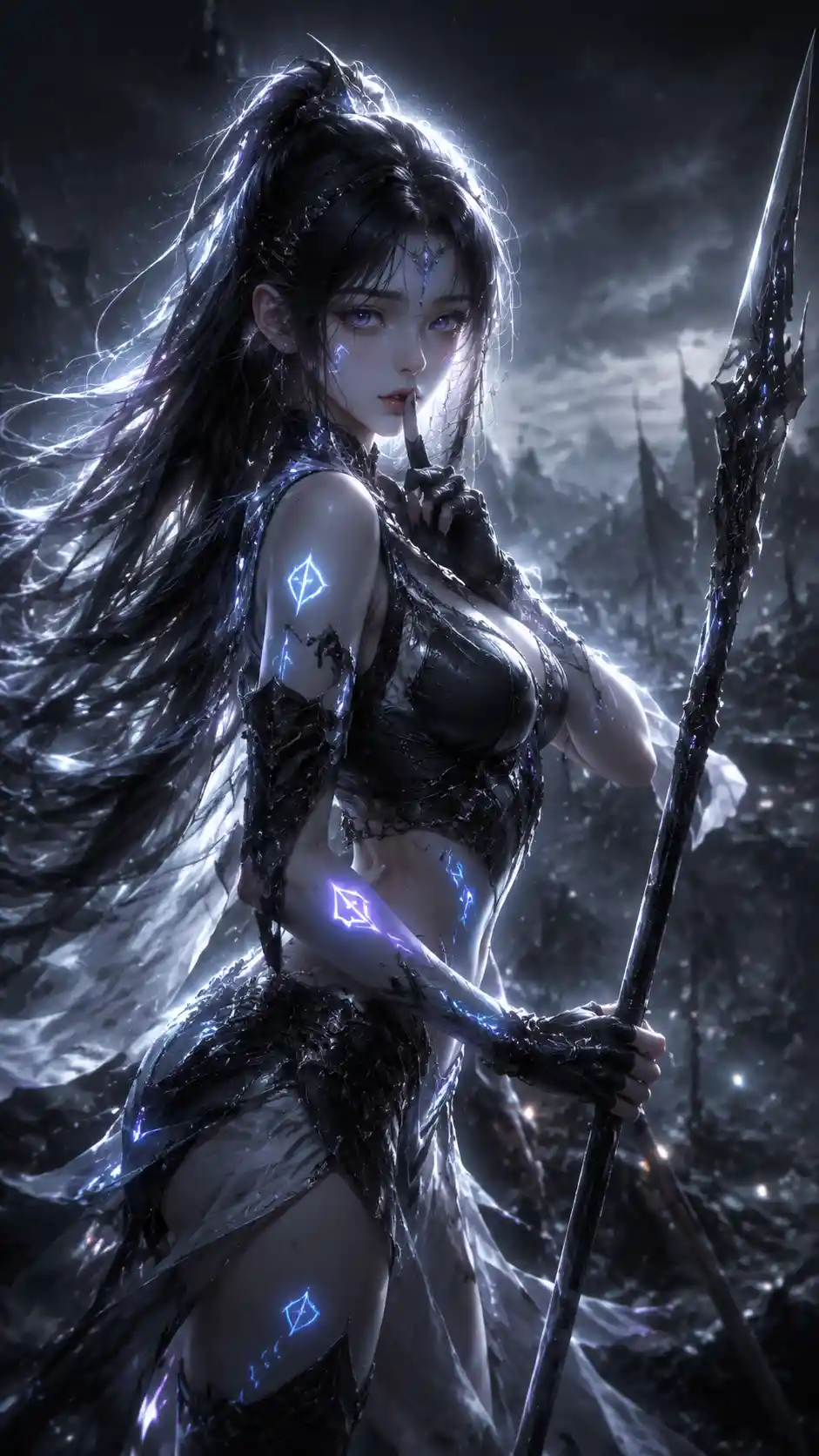 Cyber armored girl with spear and glowing runes