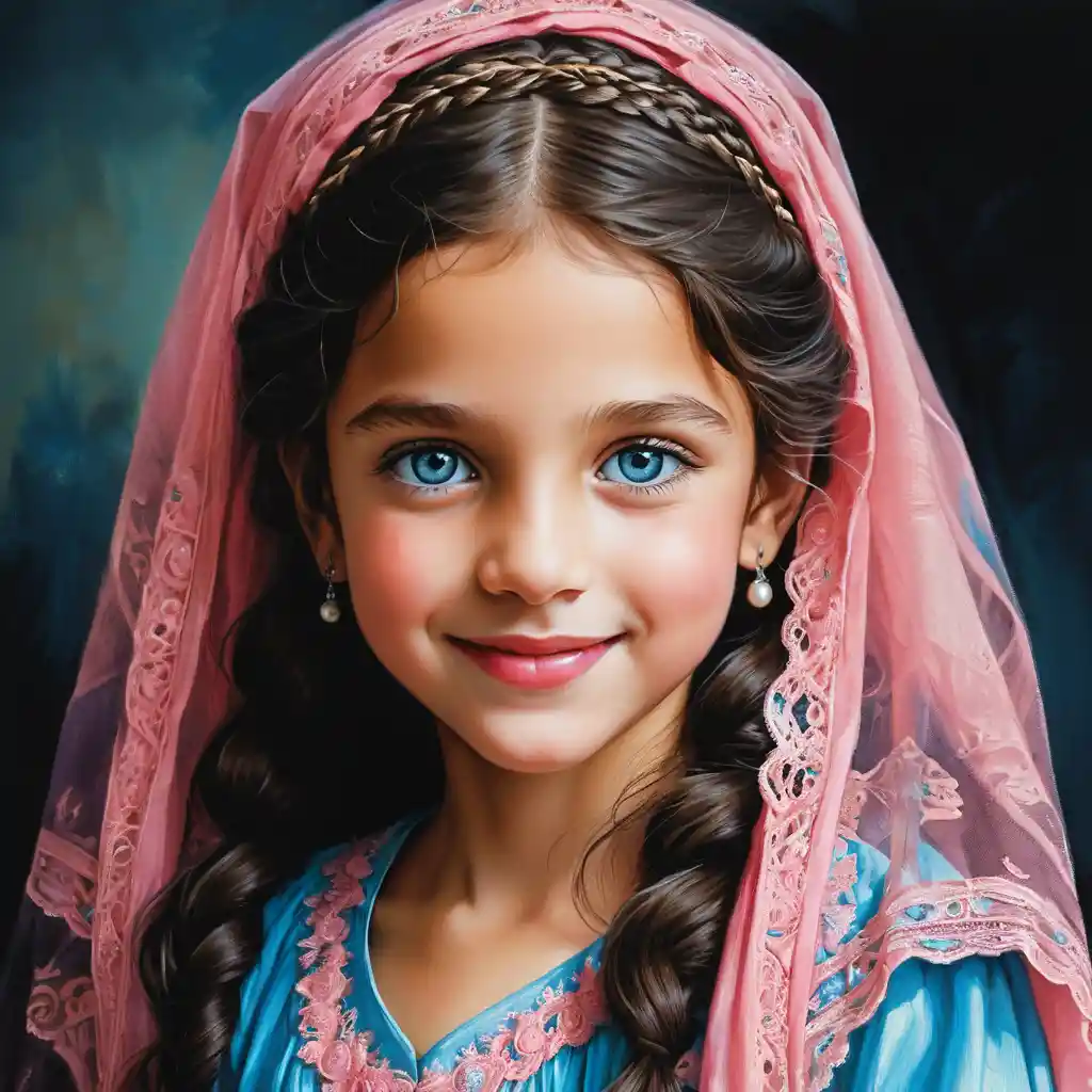 Smiling Girl In Pink Burqa With Blue Eyes Drawing