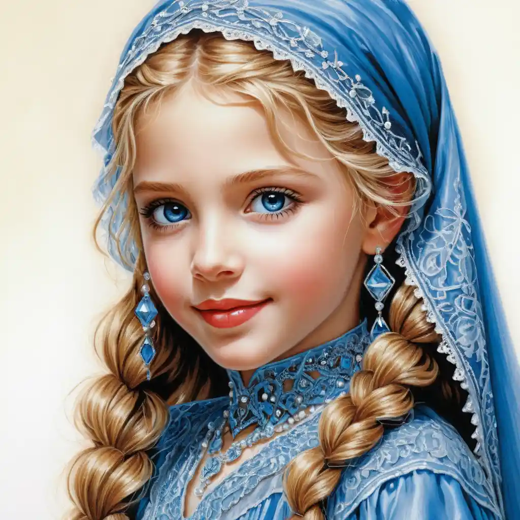 Smiling blonde girl in blue lace burqa with golden veil