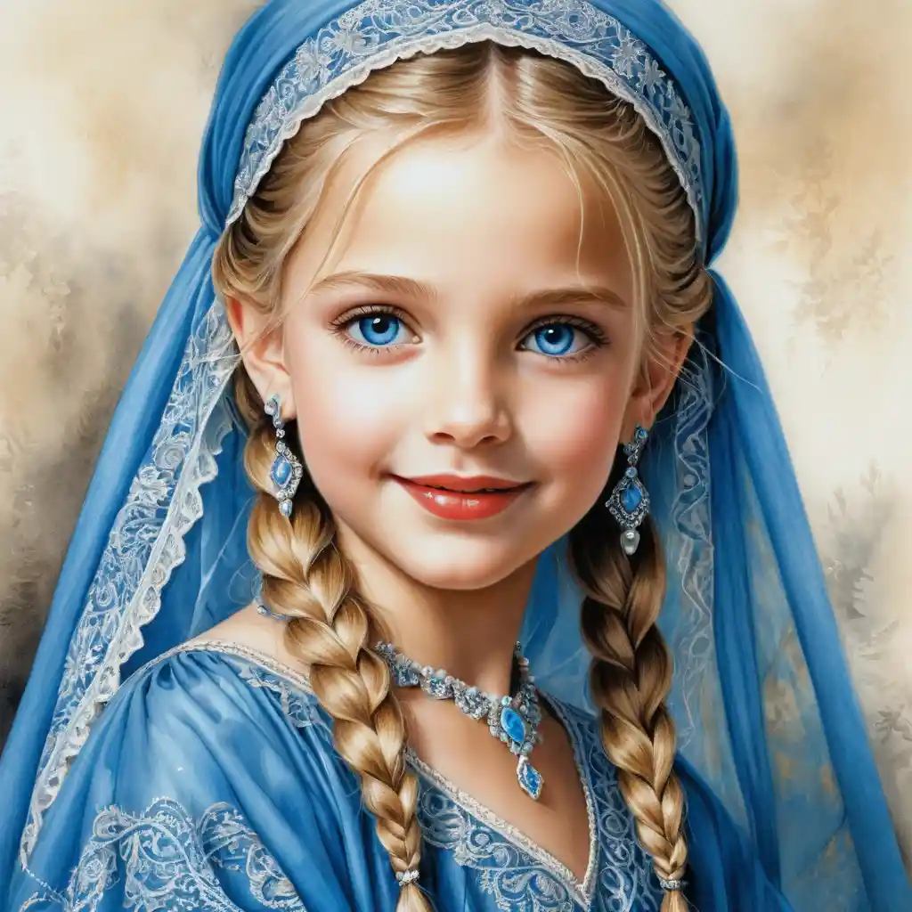 Smiling girl in blue burqa with golden veil portrait