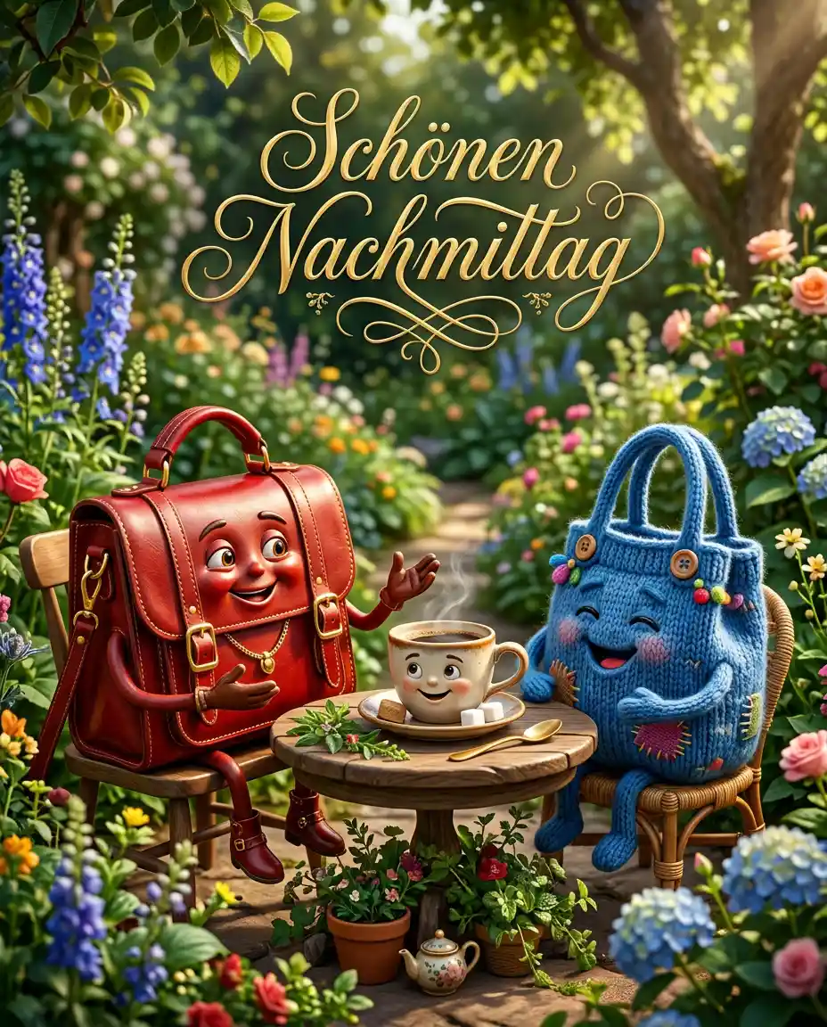 Surreal anthropomorphic bags chatting at a garden table