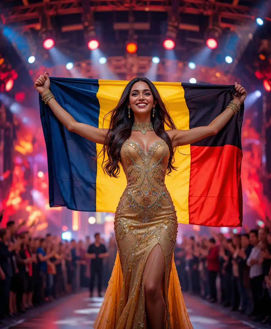 Woman holding Romanian flag on vibrant concert stage