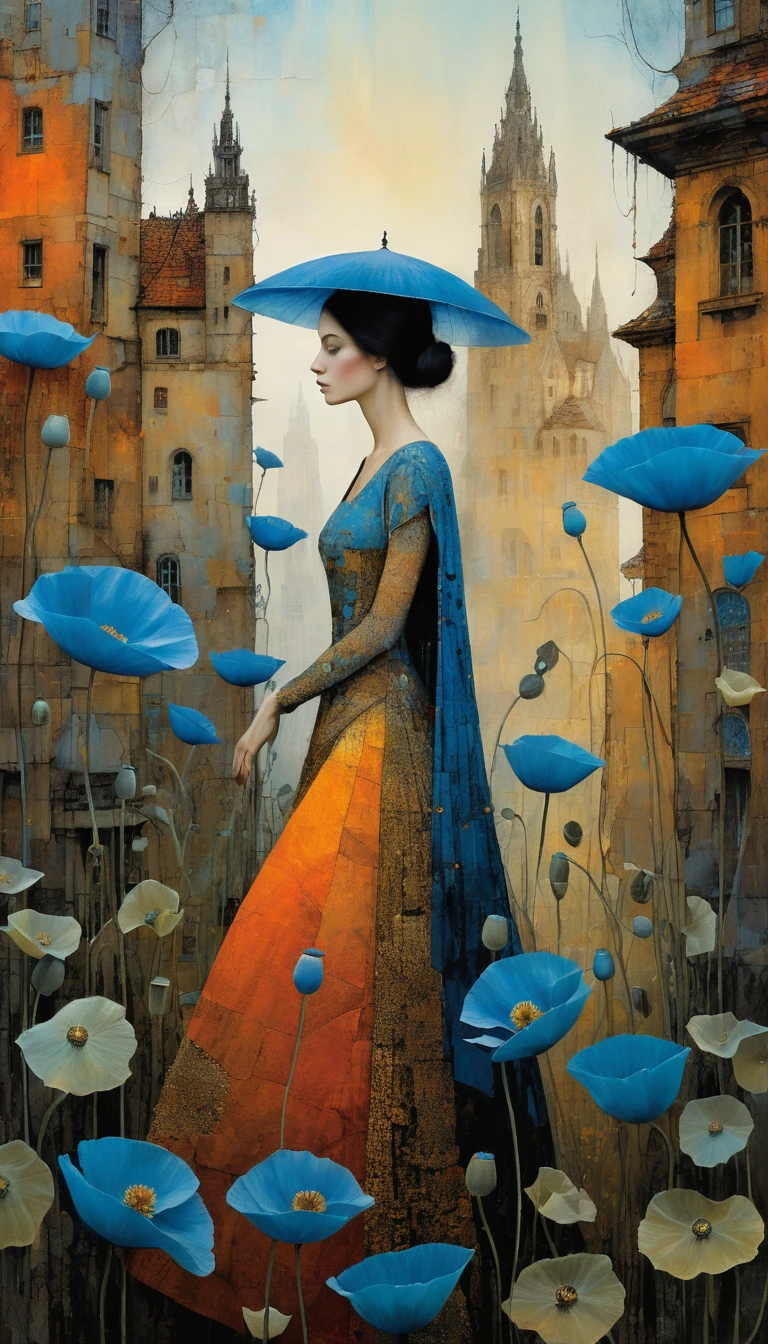 Surreal canvas of blue poppies and city windows in mist
