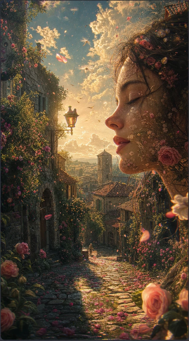 Surreal village transforming in springtime with golden hour light