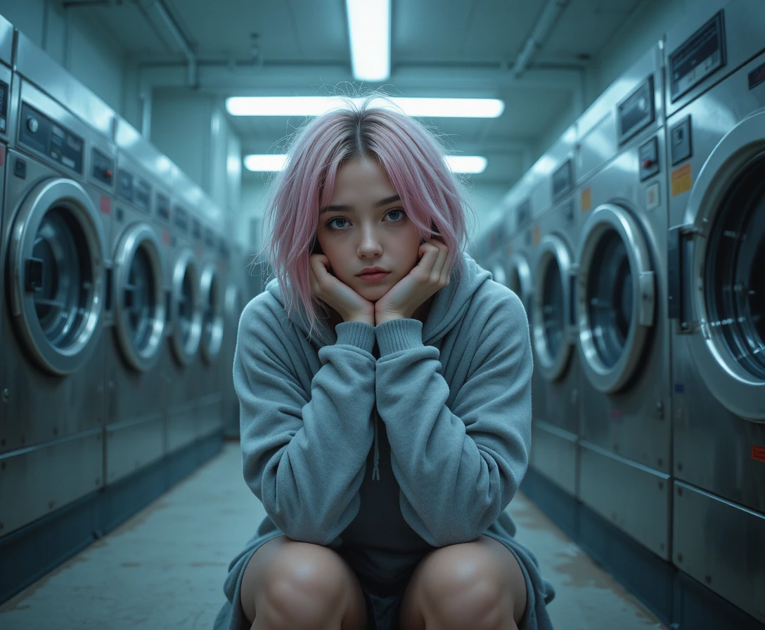 Young woman in hoodie waiting alone in laundromat