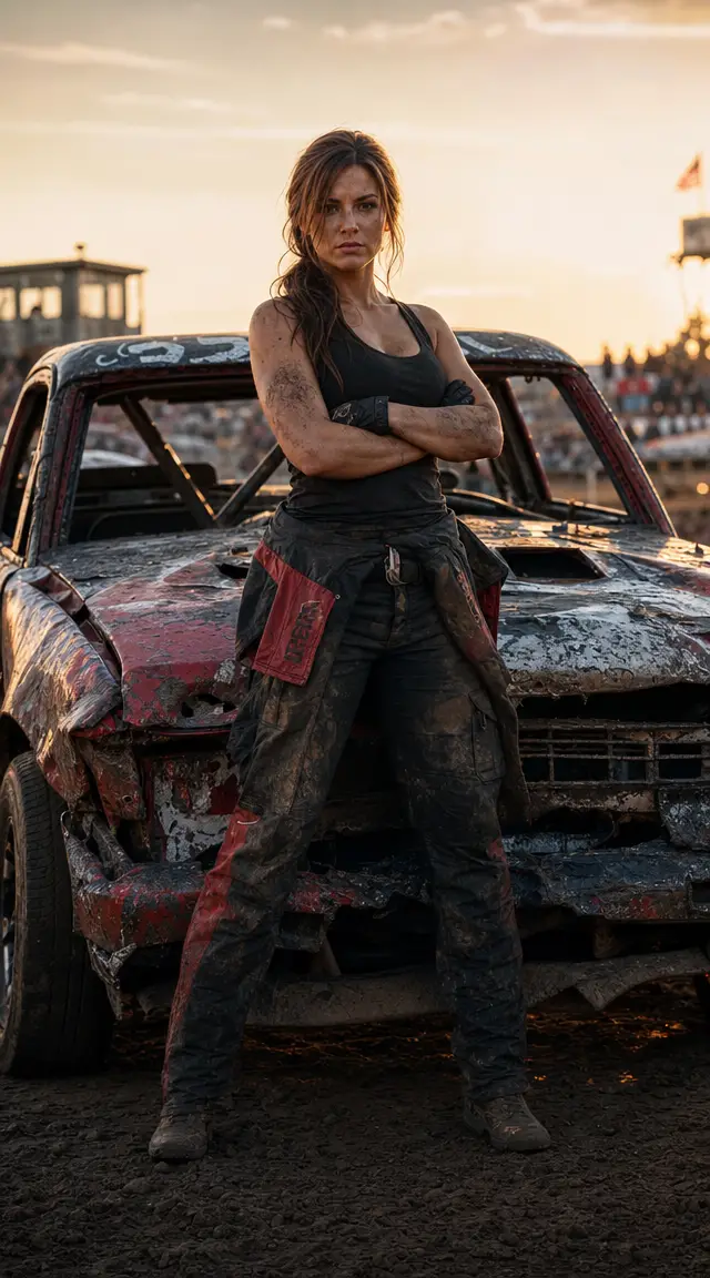 Female derby driver standing by a wrecked car