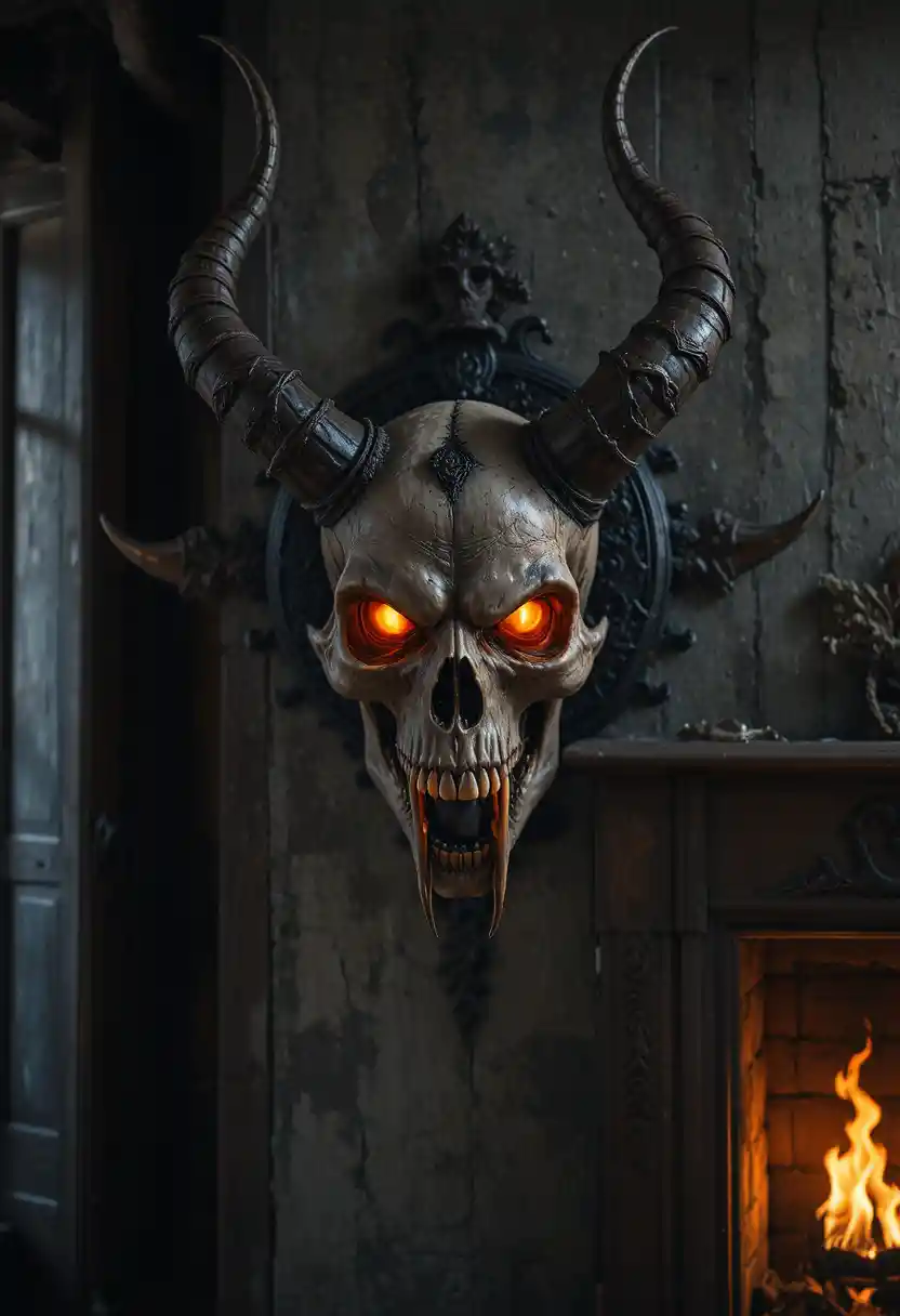 Demonic skull mount glows above a dark firelit wall