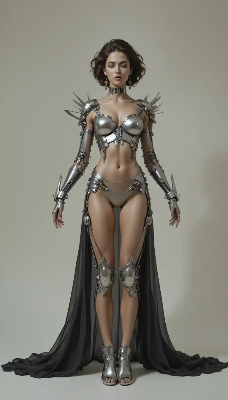 Sensual female cyborg with dragonfly wings on pale background