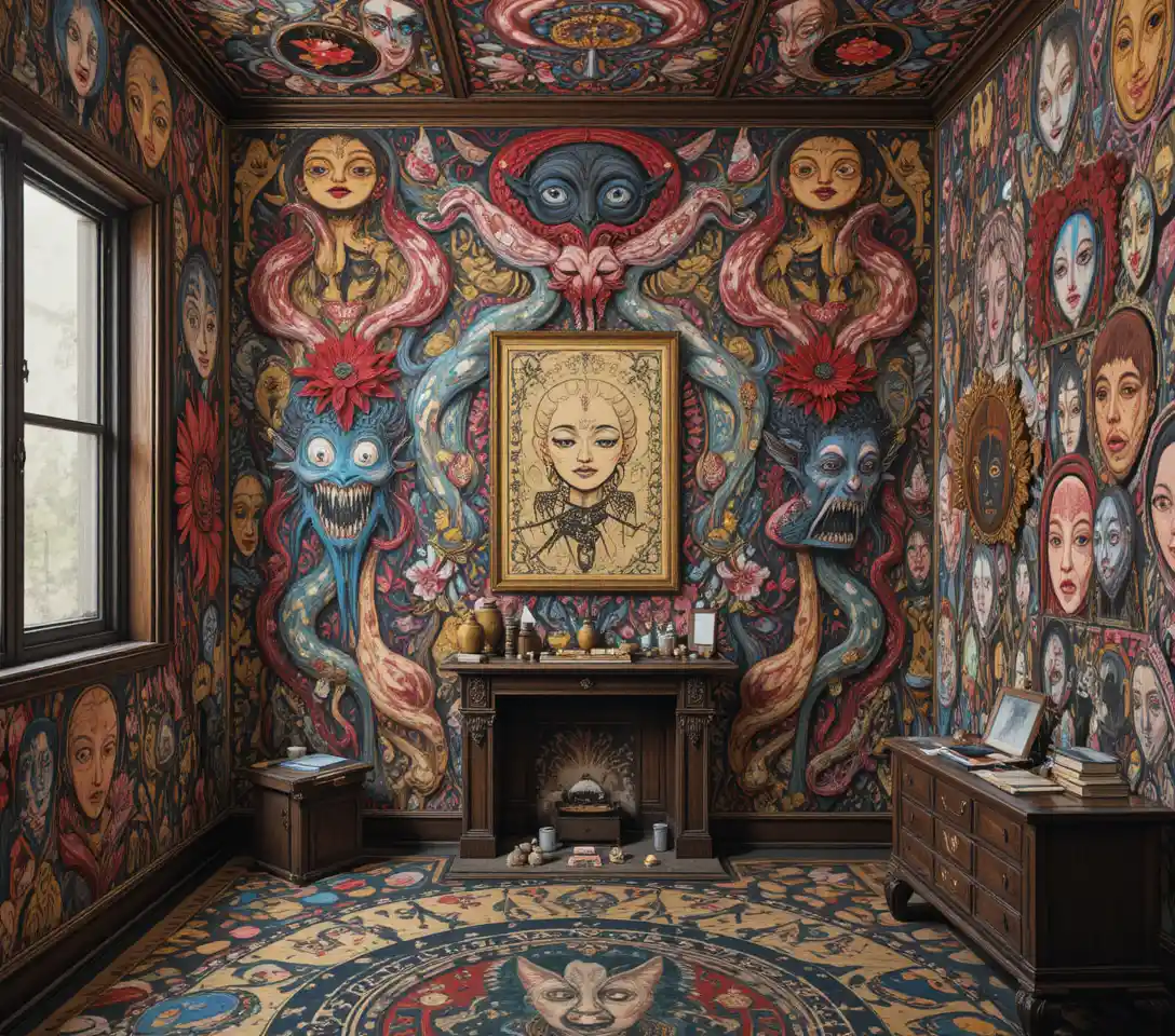 Surreal bedroom shrine interior covered in dense outsider art