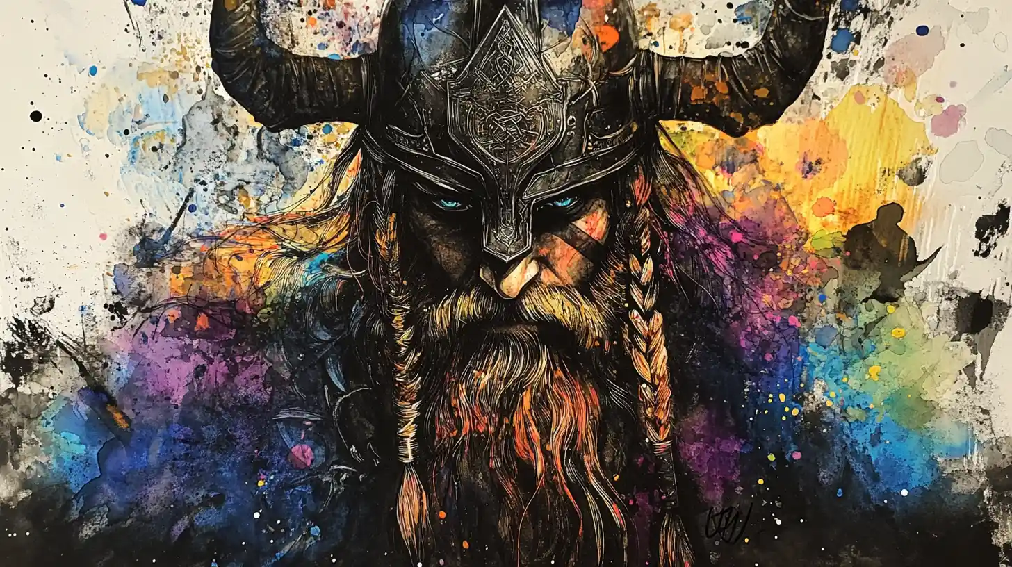 Viking warrior in bold black ink with illusionary color