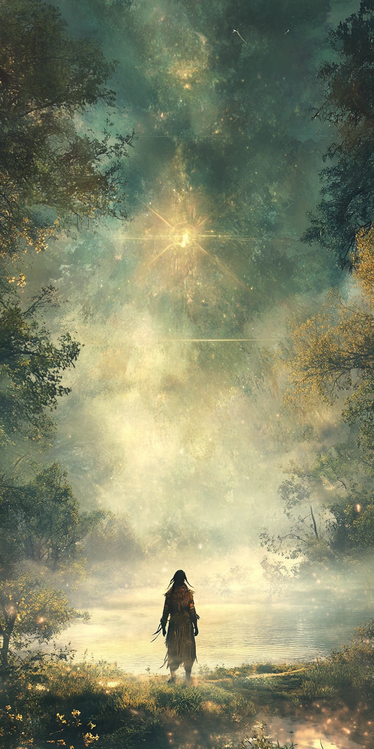 Mystical figure at the edge of a misty forest lake