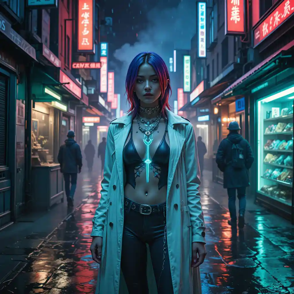 Cyberpunk woman in neon lit rainy futuristic alley