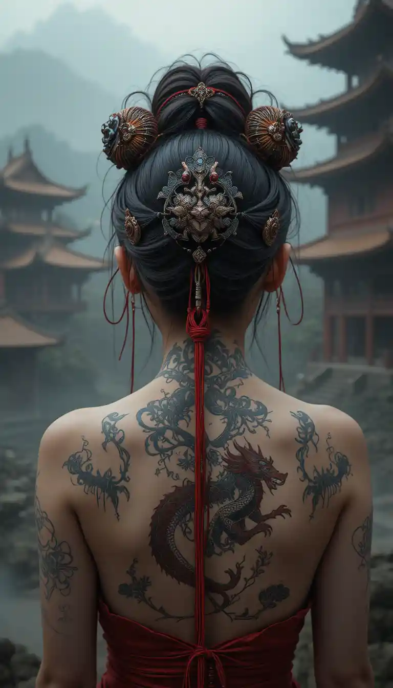 Asian woman with dragon tattoo bound before misty temple