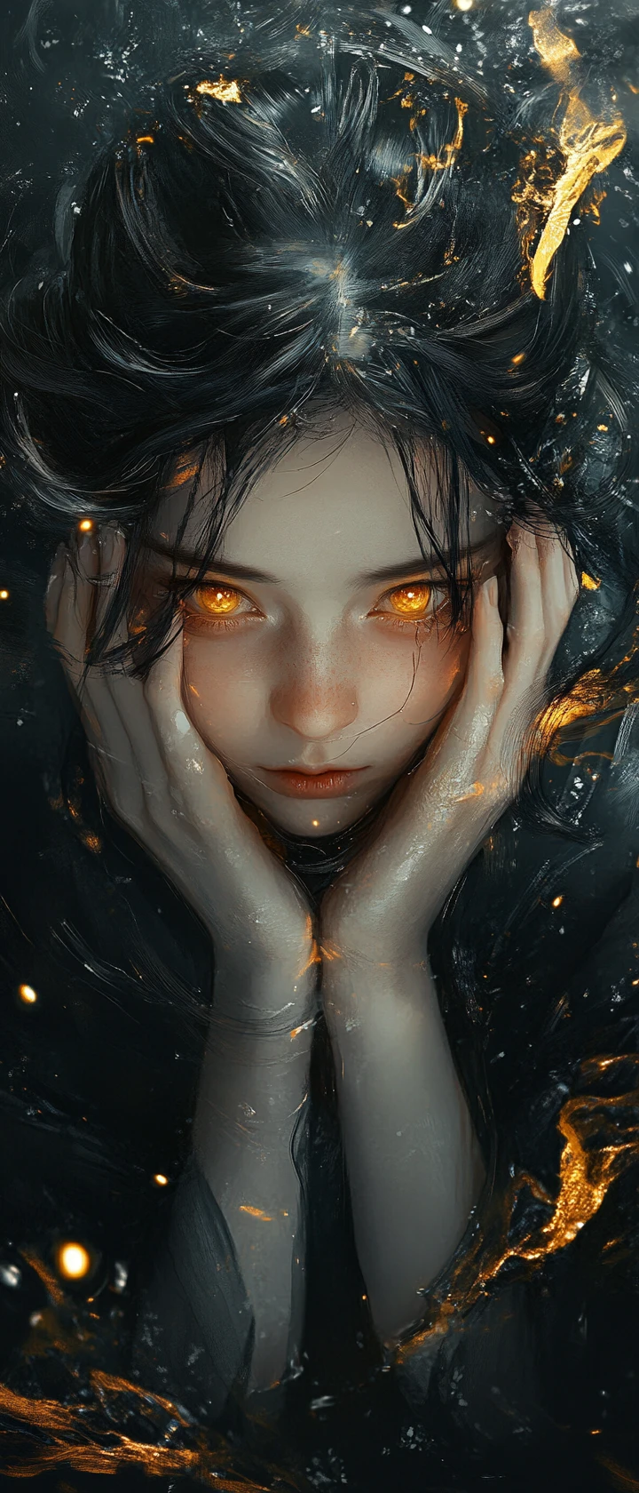Melancholic girl with glowing hair in a dark fantasy portrait
