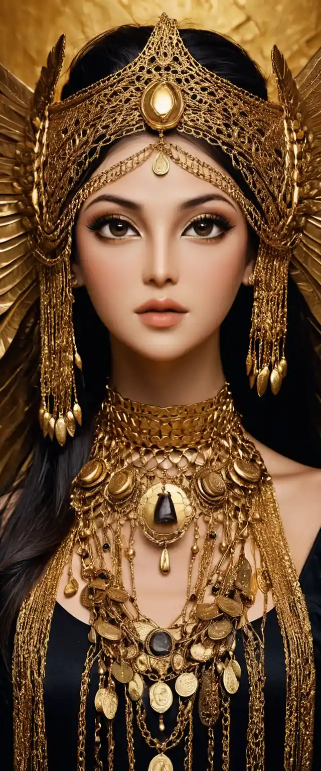 Mystical portrait of a veiled woman with golden jewelry
