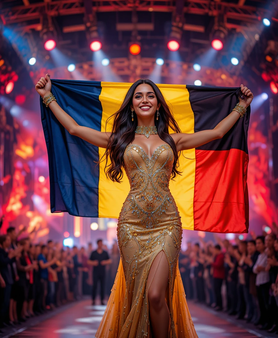 Woman holding Romanian flag on vibrant concert stage