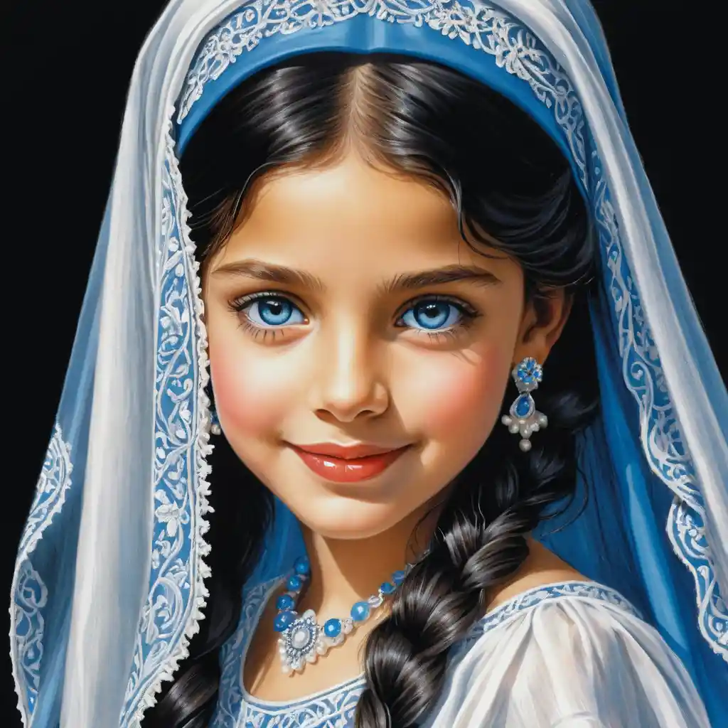 Smiling blue eyed girl in white burqa colored pencil portrait