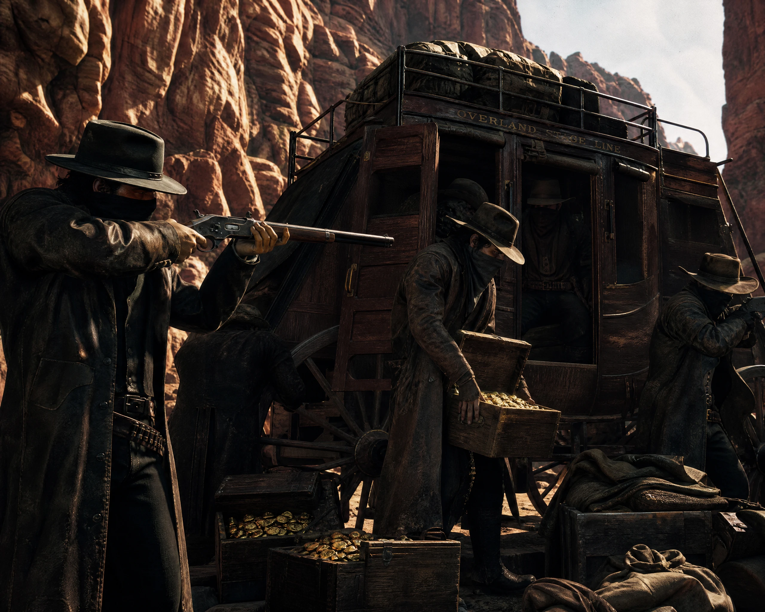 Outlaws rob a stagecoach in a rocky canyon