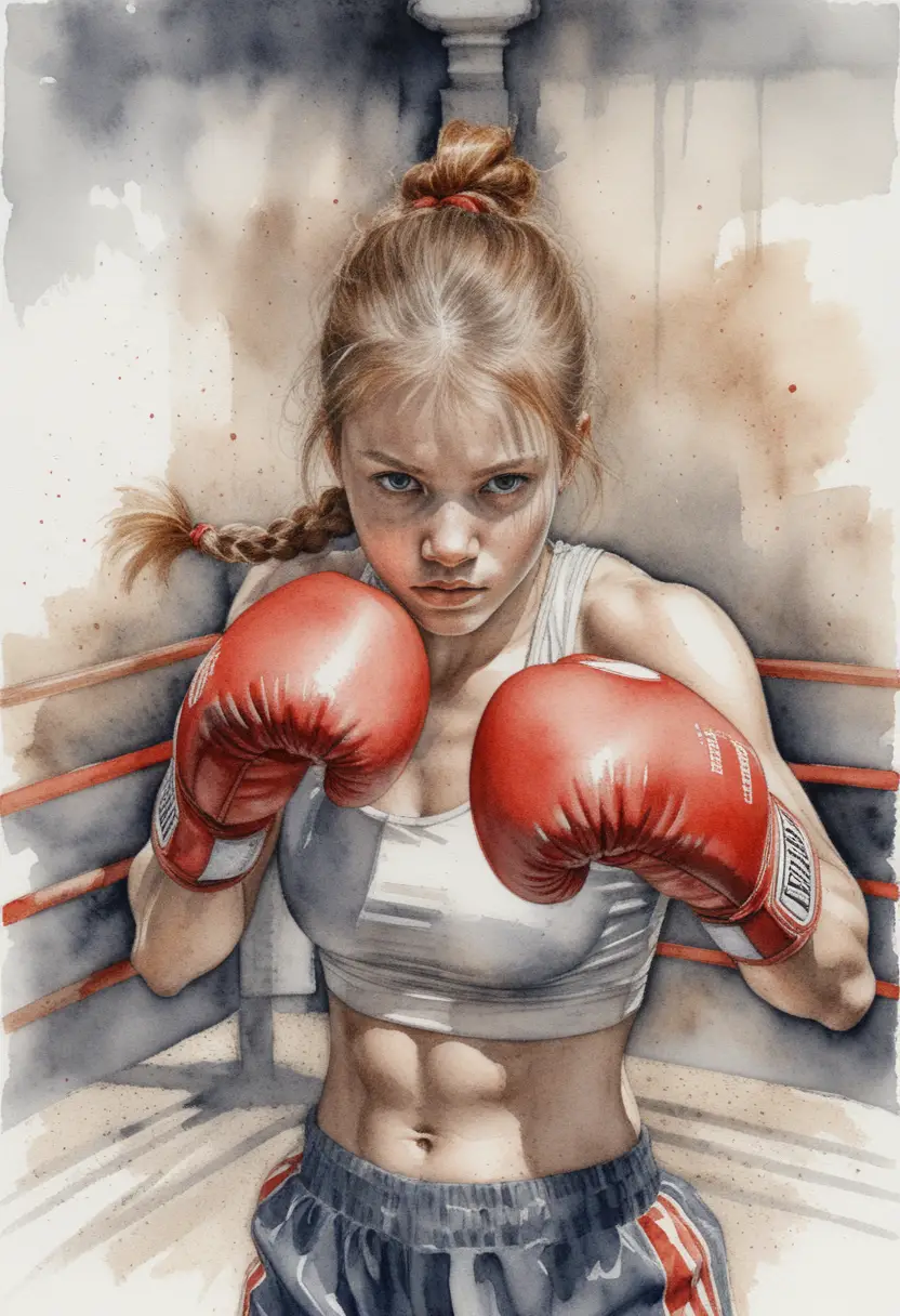 Athletic female boxer in guard pose on the ring