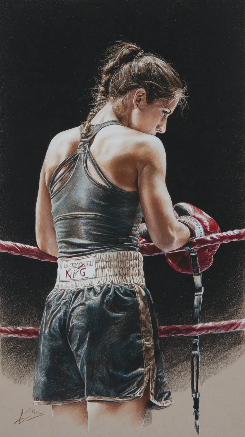 Female boxer resting on the ropes under dramatic warm light