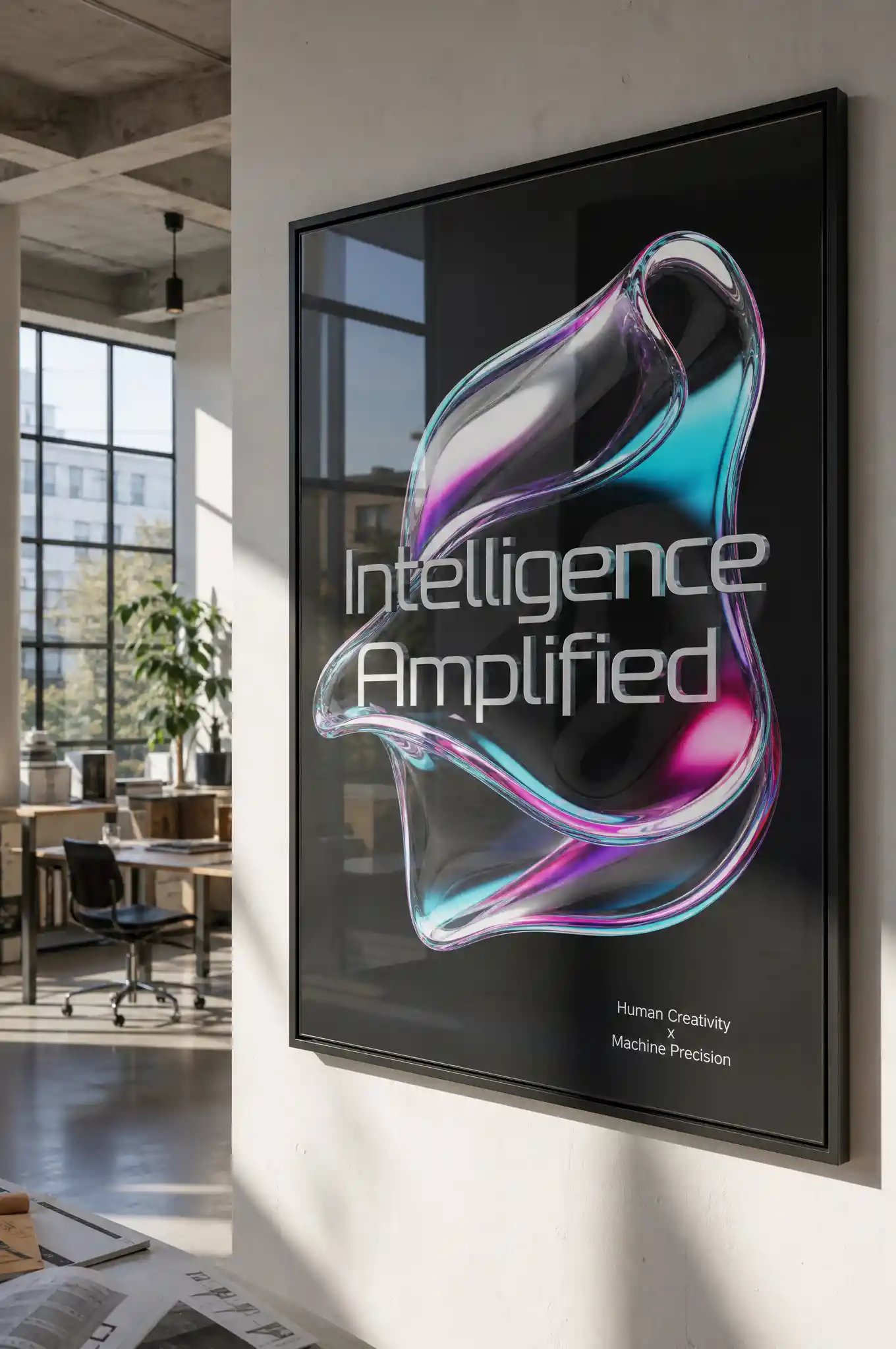 Modern typographic poster with iridescent 3D glass fluid form