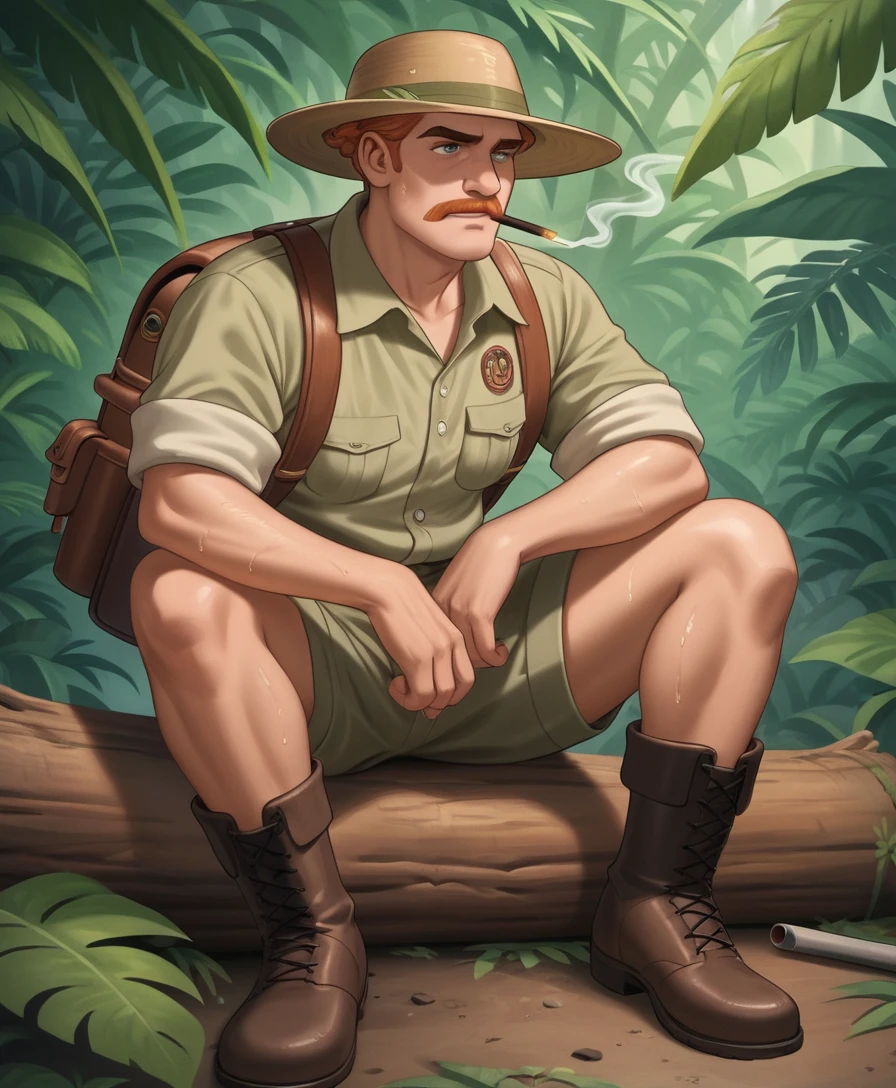 Tired jungle explorer resting on a log with pipe