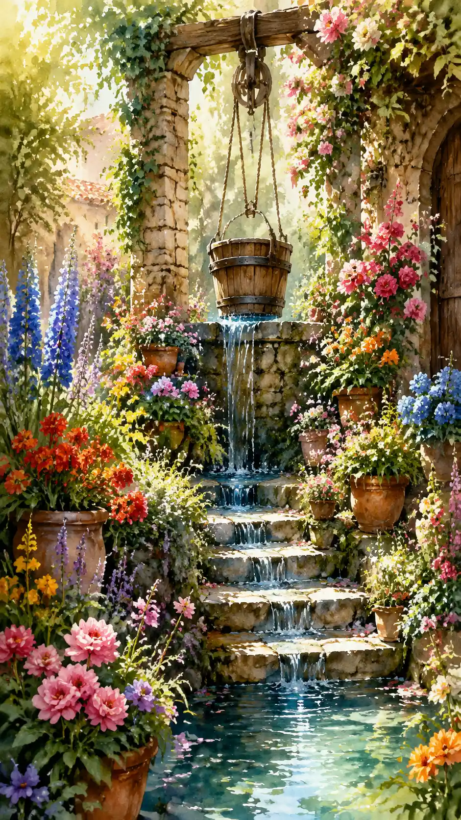 Rustic stone fountain with colorful flowers in sunlight